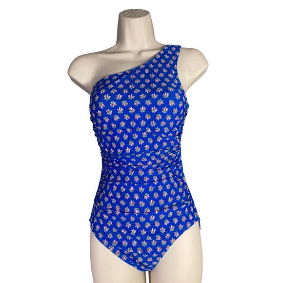 J.Crew Women's Ruched One-Shoulder Swimsuit 2XS Blue‎ Floral Print XXS - Picture 2 of 13